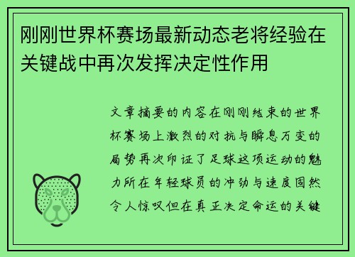 刚刚世界杯赛场最新动态老将经验在关键战中再次发挥决定性作用